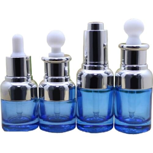 20ML 30ML Empty Blue Glass Bottle Silver Ring White Plastic Head Cosmetic Packaging Essential Oil Dropper Refillable Vials 15pcs