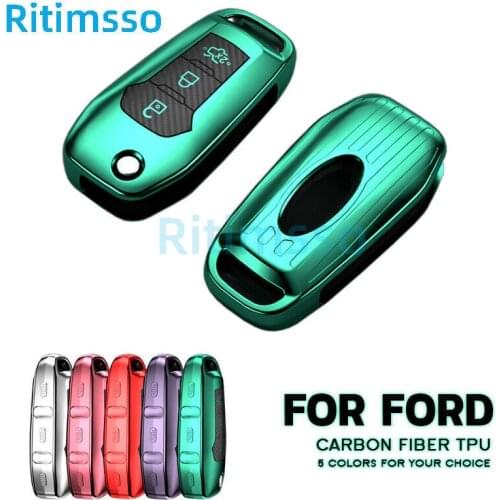 Carbon Fiber TPU Flip Car Key Case Fob Cover For Ford Mondeo Ranger Ecosport Explorer F150 F-250 Focus MK4 Explorer key