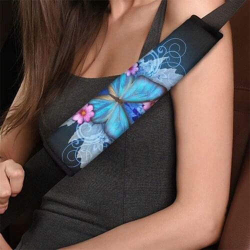 Blue Butterfly Flower Printed Car Seat Belt Covers for Kids and Women Soft Comfort Seat Belt Cover Protector Neck and Shoulder