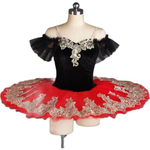 Off Shoulder Black Velvet Bodice attached Red Pleated Tulle Pancake Tutu with Sparkling Gold Sequin Trim Ballerina Dress BLL404