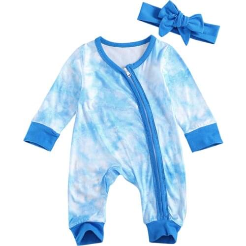 Newborn Girls Boys Romper Tie-dyed Diagonal Zipper Long Sleeve and Long Pants Jumpsuit with Bow Headband 2-piece Suits