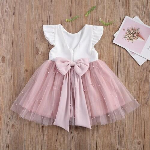 Summer Birthday Dress For Little Girl 2021 Backless Short Sleeve Cloth For Kids Lace Bow Wedding Party Mesh Costume For Children