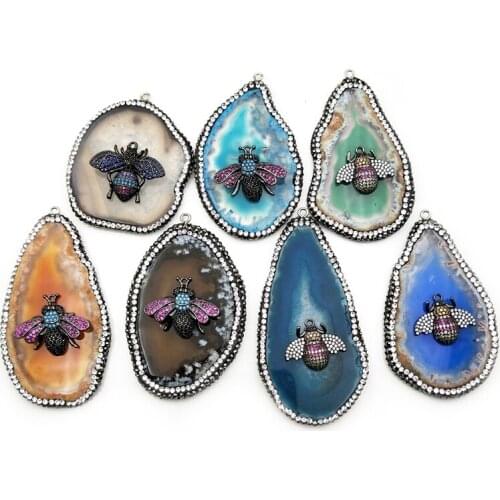 Natural agates slice Pendant multi color Micro CZ Pave Cubic Zirconia necklace rainbow gems stone bees insects for pendant