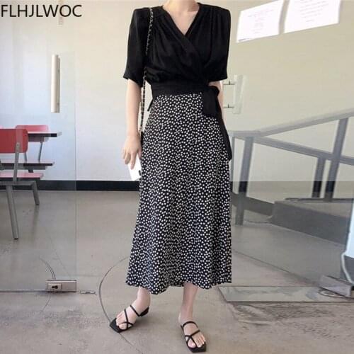 Summer Outfits Chic Korea Clothes Women Feminine Elegant Office Lady Solid Black V Neck Bow Tie Lace-Up Short Crop Tops Blouses