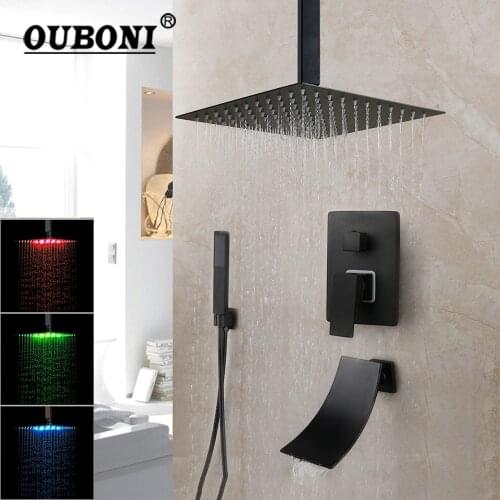 OUBONI Matte Black Bathroom Shower Faucet Rainfall Tub LED Bathtub Rain Square W/ Hand Shower Head Waterfall Shower Faucet Set