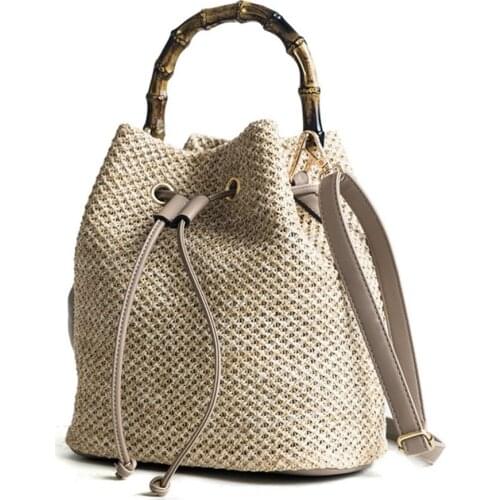 New Casual Straw Handbags Women Fashion Bamboo Handle Drawstring Bucket Shoulder Bag Crossbody Messenger Bolsa Feminina