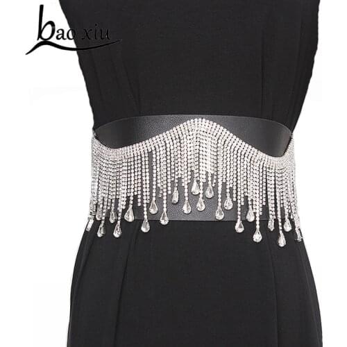 New Brand Luxury Baoxiu Wide Belt Tassel Rhinestone Wild Lady Elastic Girdle Gold Dress Belt Female Straps Accessory
