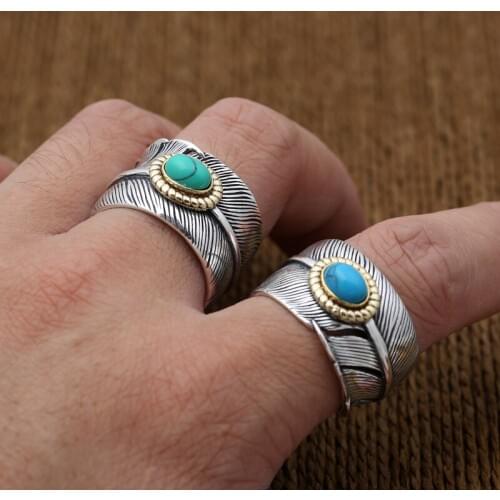 Factory Wholesale S925 Sterling Silver Jewelry Korea Trend Fashion Takahashi Goro Inlaid Turquoise mens Feather Ring