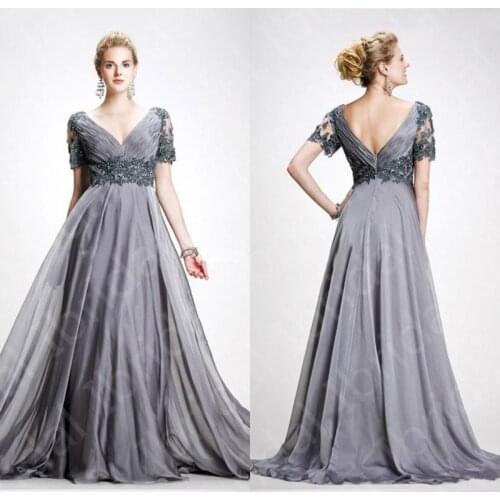 Latest Arrival Elegant Silver Mother of the Bride Dresses Short Sleeves V Neckline Wedding Party Dresses Back Out Appliqued