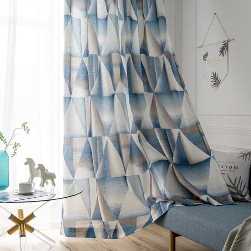 Geometric Imitation Jacquard Blue Nordic Modern Cotton And Linen Printing Semi-blackout Curtains For Living Room And Bedroom