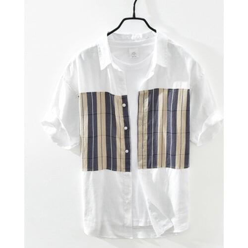 Linen Short Sleeve Shirt for Men Summer New Japanese Fashion Tops Male Breathable Vintage striped patchwork Button Up Hemp Shirt