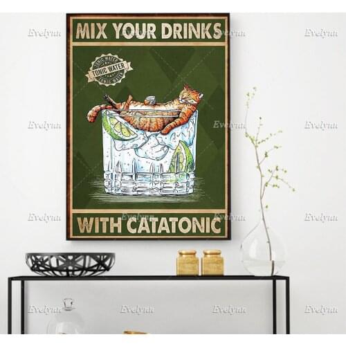 Mix Your Drinks With Catatonic Poster, Black Cat Poster, Drinking Wine Poster, Cat And Wine Home Decor Prints Wall Art Canvas
