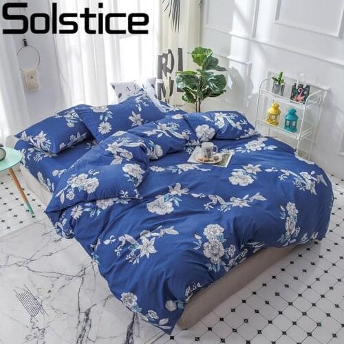 Solstice Home Textile Blue Flower Woman Adult Bedding Set King Full Linen Girls Teen Bedclothes Duvet Cover Pillowcase Bed Sheet