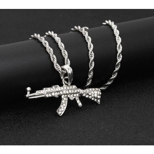 Hip Hop Rhinestones Paved Bling Iced Out CS GO AK47 Gun Pendants Necklace for Men Rapper Jewelry Gold Silver Color Drop Shipping