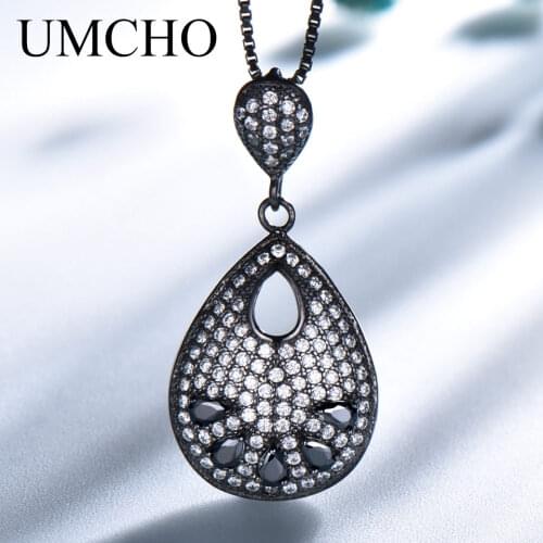 UMCHO Genuine 100% 925 Sterling Silver Pendant Necklace Black Spinel Gemstone Jewelry For Women Party Gift Fine Jewelry