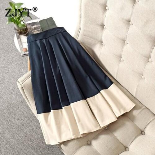 Europe Fashion Autumn Winter New Designer High Waist Color Block Casual Party Pleated Midi Skirts Women