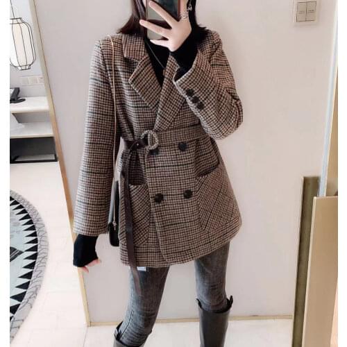 HStar 2020 Spring Womens Blazers Sashes Jackets Notched Outerwear England Style OL Vintage Plaid Blazer Woolen Coat