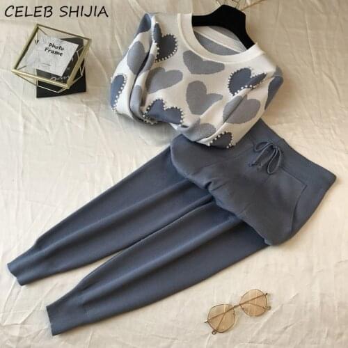 Runway Knitting Pant Sets Woman Beading Blue O-neck Sweater + Elastic Waist Pants Woman Korean Autumn Winter 2 Piece Sets Knit