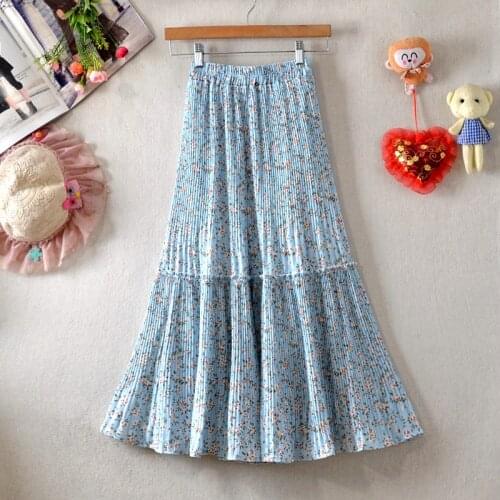 Large Swing Floral Long Skirt Womens 2021 Summer New Style Stitching Pleated Skirt Elastic Waist Fairy Skirt