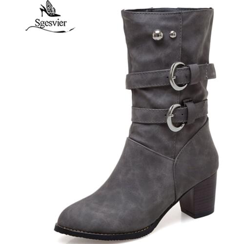 Sgesvier Ankle Boots Soft Leather Square Heel High Heels Shoes Woman Western Style Short Boots Black Booties Botas Shoes G693