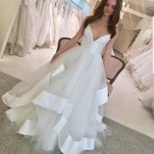 2020 Tulle Satin Wedding Dresses Deep V-neck Backless Court Train Bride Dresses Wedding Gowns robe de mariee vestidos de novia