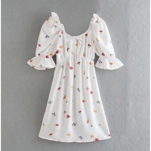 Merodi Vintage Women Square Collar Short Puff Sleeve White Summer Mini Dress Girls Front Drawstring Lace Up Fruit Print Dresses
