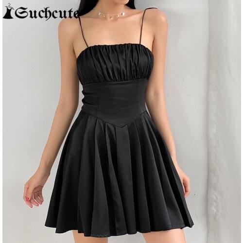 SUCHCUTE Partywear Solid Color Ruched Mini Dresses For Women Fashion Female Elegant Pleated Dress 2021 Summer Gothic Clothes