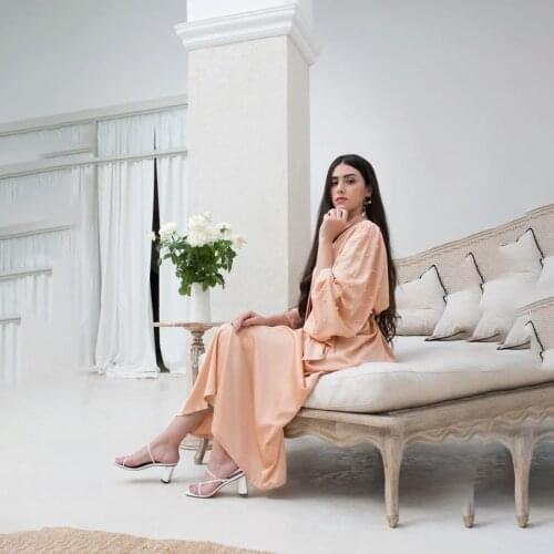 Summer Lady Elegant Long Sleeve Bow Neck Tie Silk Satin Maxi Dress With Beads Classy Gown For Party Muslim Women Fashion 2020