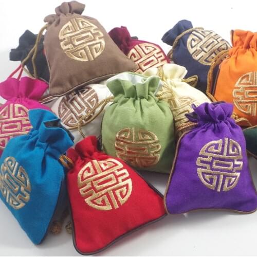 50pcs Embroidered Lucky Small Christmas Gift Bag Wedding Party Chinese Style Jewelry Packaging Drawstring Cotton Linen Pouches