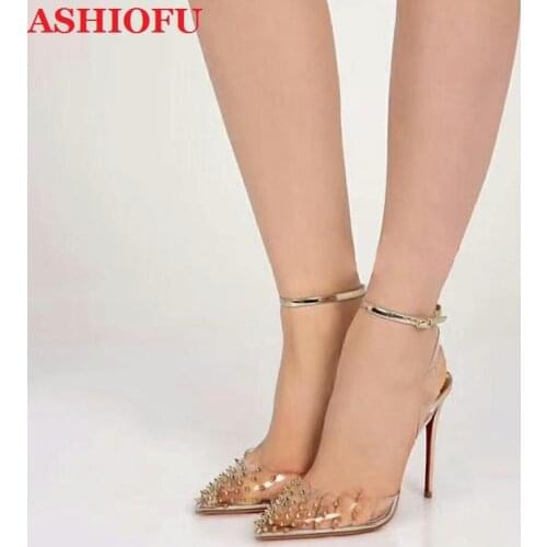 ASHIOFU Handmade New Style Ladies High Heel Pumps Shinny PVC Leather Party Dress Shoes Rivets Spikes Evening Fashion Court Shoes