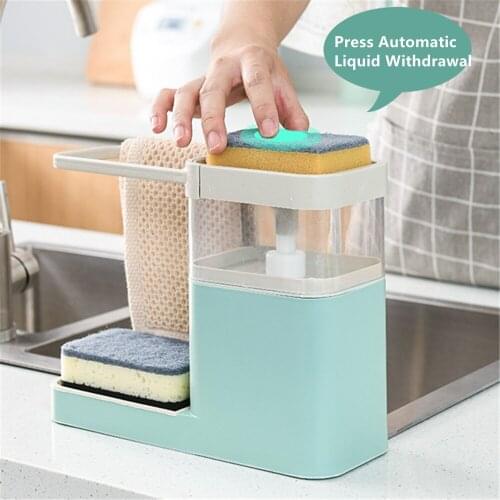 Automatic Detergent Dispenser With Sponge Storage Tray for Kitchen 2 in 1 Press Liquid Soap Box Towel Holder Sink Organizer Case