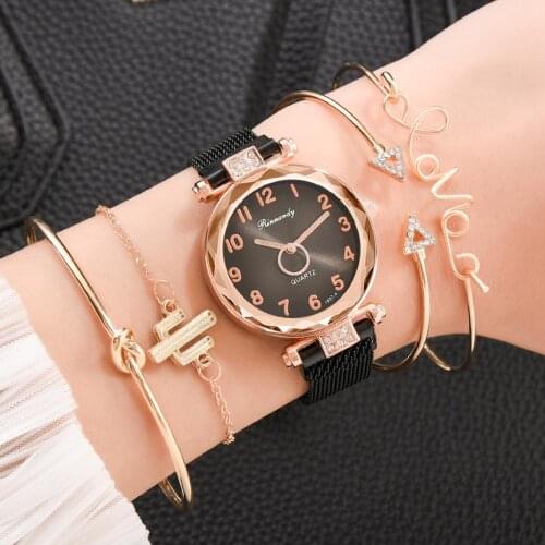 New Quartz Watch Womens Bracelet Watch Set Five-piece Alloy Strap Luxury Magnet Buckle Wristwatches Clock 2020 orologio donna