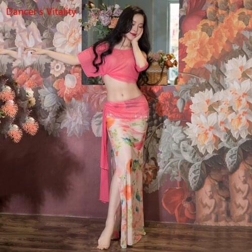 Belly Dance Suit summer mesh fabric top Printing Split Skirt Performance Clothes Set Adult Profession Competition Clothing