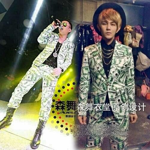 Male singer male DJ nightclub miley Miley same paragraph props banknote dollar suit suit performance costume carnival party