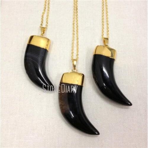 H-QN106 Black Agat Onyx Horn Tusk Pendant Necklace Gold Color