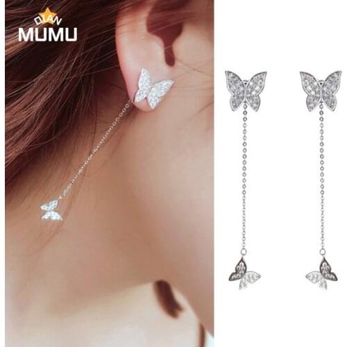 New Micro CZ Cubic Zirconia Butterfly Long Earrings Silver Color Double Fashion Stud Earrings For Women Wedding Jewelry Gifts