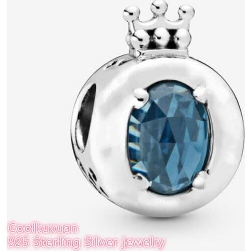 Autumn 100% 925 Sterling Silver Blue Sparkling Crown O Charm beads Fits Original Pandora bracelets Jewelry Making