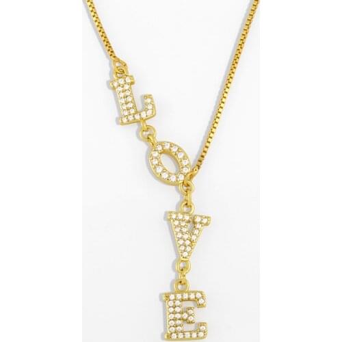 FLOLA Crystal Love Letter Necklace For Women Cubic Zirconia Long Chain Necklace Pendant Pave Gold Statement Jewelry Gifts nker86
