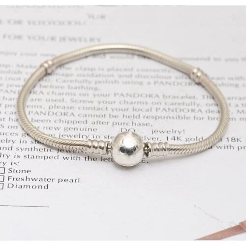 Authentic S925 Circular Clasp Snake Chain Basic Bracelets Bangle Women fit Lady Bead Charm Jewelry