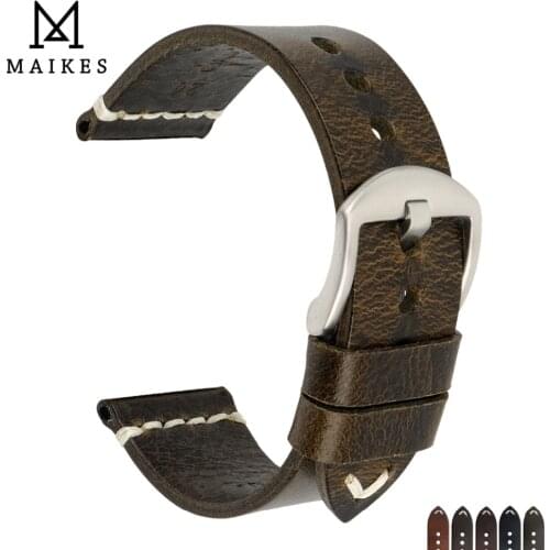 MAIKES Oil Wax Cow Leather Watch Band 20mm 22mm 24mm Watch Strap Men Watch Accessries Vintage Bracelet Watchband For Omega