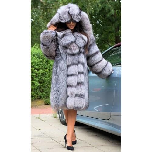 FURSARCAR Luxury Whole Skin Real Silver SAGA Fox Fur Coat With Fur Hood Collar Long Natural Fur Coat For Women Winter Outerwear