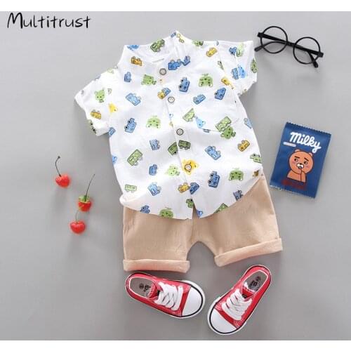 2020 2pcs Newborn Baby Boys Clothes Set Kid Cartoon Car Short Sleeve Shirts Tops Solid Shorts Set 18M-4T