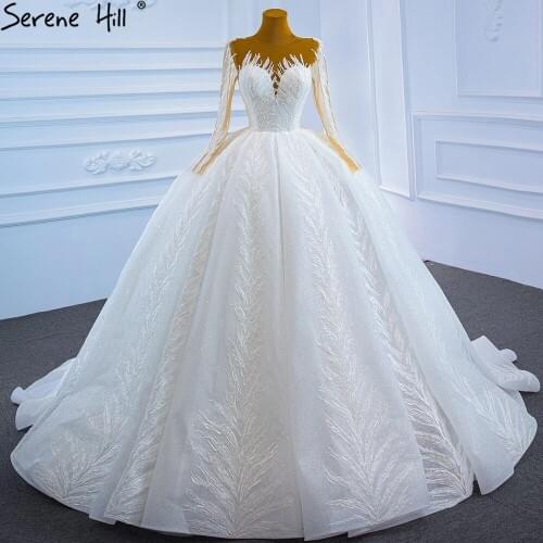 Serene Hill Muslim White Luxury Wedding Dresses 2021 Glitter Long Sleeves High-end Lace Up Bridal Dress HM67235