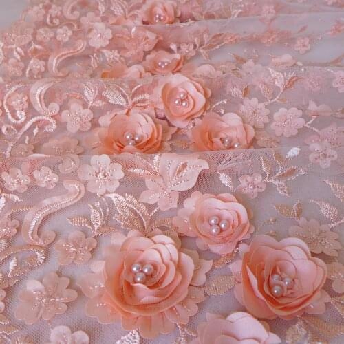 Peach/Ivory/Mauve Luxury Tissu 3D Flower Embroidered Tulle Mesh Lace Fabric With Pearl Beaded Wedding Curtains Fabric