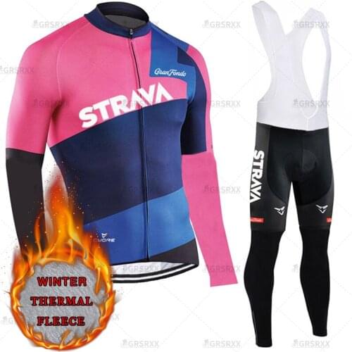 STRAVA Mens Cycling Jersey Sets Bicycle Long Sleeve Cycling Clothing Bicycle Winter Fleece Thermal Cycling Jersey Bib Sportswear