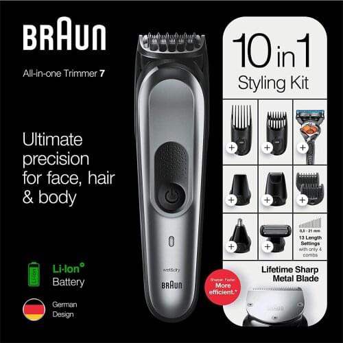 Braun 10-in1 All-in-one Trimmer 7 MGK7221 Beard Trimmer for Men, Hair Clipper and Body Groomer with 8 Attachments Charging Stand