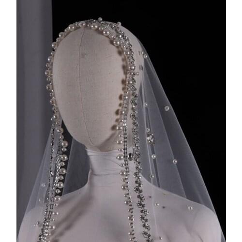 Vintage White Ivory Tulle Bride Veils Pearls With Rhinestone Handmade