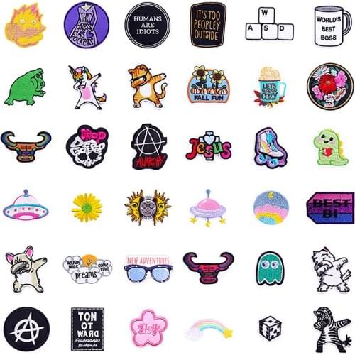 Embroidery Patches for Clothing Dog/Unicorn Iron On Patch DIY Applique Clothes Stickers Flower Skull Patter Stripes Badge Sewing