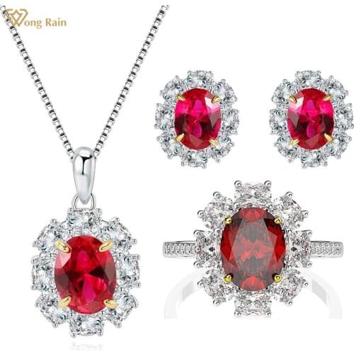 Wong Rain 925 Sterling Silver Created Moissanite Ruby Gemstone Earrings/Necklace/Ring Wedding Engagement Jewelry Sets Wholesale