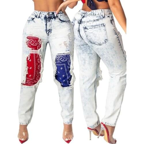 Women Straight Leg Jeans Casual Red Blue Paisley Print Patchwork Ripped Jeans Woman Fashion Tassel Side Distressed Denim Pants